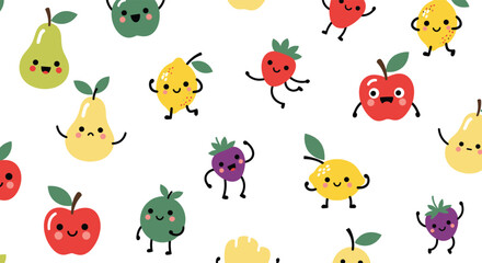 A cheerful seamless pattern featuring adorable cartoon fruits with expressive faces and dancing poses on a clean white background.