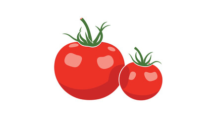 An illustration of two fresh red tomatoes of different sizes, complete with green stems, depicted on a clean white background, symbolizing healthy eating.