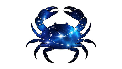 Silhouette of a crab filled with a bright blue galaxy and connected stars forming a constellation against a deep black background