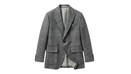Tailored grey plaid sport coat hangs isolated against a solid black background