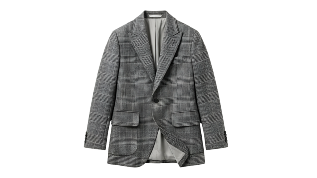 Tailored grey plaid sport coat hangs isolated against a solid black background