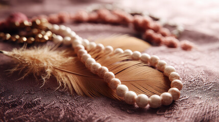 Fototapeta premium Elegant jewelry pieces flat lay on holiday theme background, showcasing delicate textures and soft hues that evoke sense of warmth and beauty