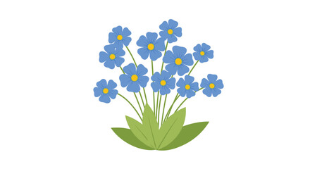 A charming illustration featuring a cluster of blue flowers with yellow centers and green leaves, set against a clean white background.