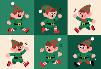 Colorful elf vector illustrations, playful holiday theme, isolated