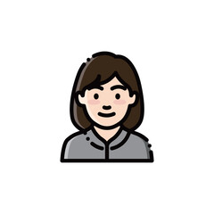 A cute short-haired girl smiling in gray top. Perfect for character or social media designs. Editable & scalable.