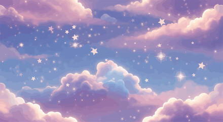 Fantasy clouds and stars pattern, dreamy sky, soft glowing light, seamless repeat background.eps