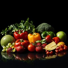 Fresh produce assortment on black background
