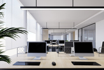 Modern Open-Plan Office Workspace with Natural Light and Minimalist Design.3D illustration