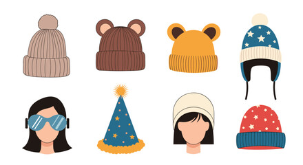 Diverse collection of winter hats, including knitted beanies, animal-eared designs, an ear-flap hat, a party hat, and stylized faces.