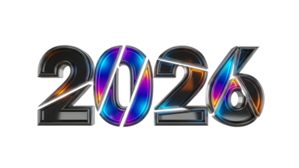 Year two thousand twenty six rendered in bold metallic typography with vibrant neon accents against a dark background