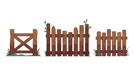 An illustrated collection of rustic wooden fences, featuring a gate, a broken picket fence, and a simple garden fence, all standing in green grass.