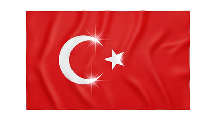 Waving national banner displaying crescent and star insignia against a dark background