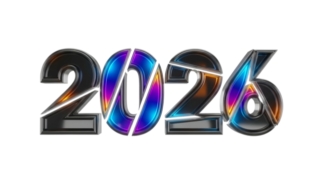 Year two thousand twenty six rendered in bold metallic typography with vibrant neon accents against a dark background