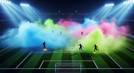 A vibrant soccer stadium filled with colorful smoke and silhouetted players in action, illuminated by bright spotlights, creating an energetic and dynamic atmosphere