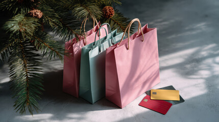 Shopping bags lay flat on surface, creating holiday theme that evokes excitement and joy. Perfect for festive occasions