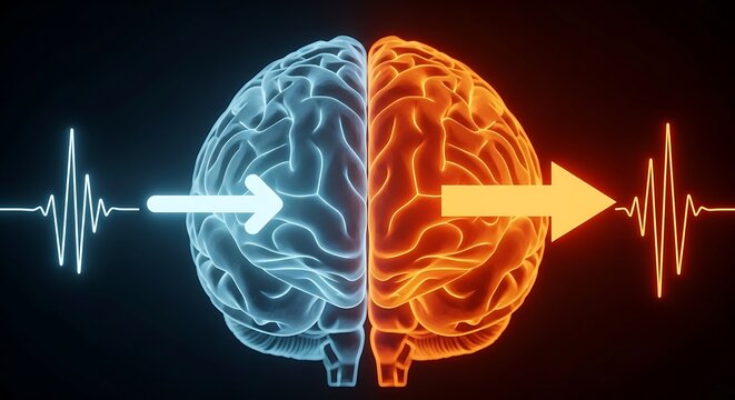 A conceptual image of two brains, one blue and one orange, with arrows and sound waves, representing different thinking styles and communication