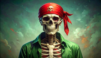 Pirate Skeleton Wearing Red Bandana with Skull Emblem.