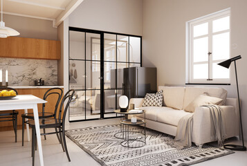 Modern Scandinavian Loft Apartment Interior with Kitchen, Dining Area, and Cozy Living Space.