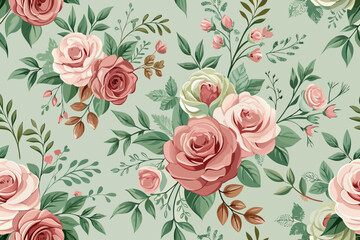 Elegant Pink and Red Roses with Green Foliage on Pale Green Background floral pattern