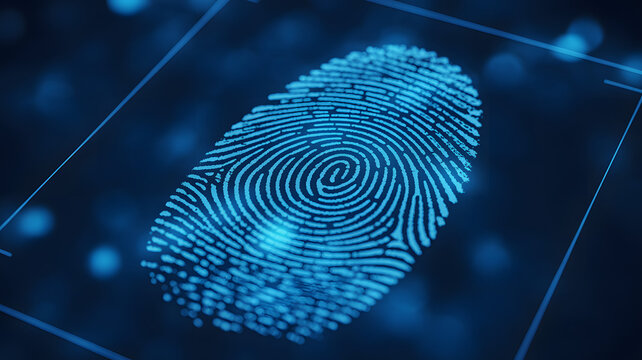 Futuristic fingerprint identity scan for biometric security, modern technology, digital privacy authentication, access control, and cyber security solutions