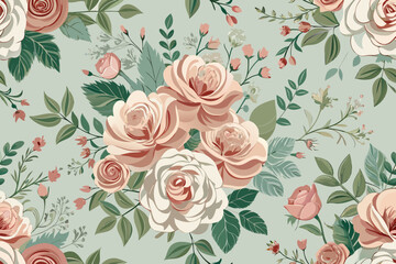 Elegant seamless pattern of blush and cream roses with abundant green foliage Keywords: floral, pattern, seamless, vintage, roses, flowers, leaves