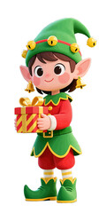 Naklejka premium Cute Elf Holding a Gift Box with Green Hat