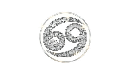 Ornate silver medallion design features the astrological symbol for the water sign cancer surrounded by wave patterns
