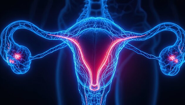 Stunning anatomical depiction of uterus and ovaries, perfect for medical education, research, or healthcare marketing materials with neon blue and red hues