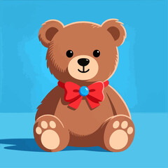 Obraz premium Cute teddy bear illustration with red bow isolated on blue background