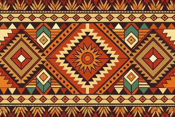Geometric Native American Tribal Pattern with Sun Motif and Diamond Shapes in Earth Tones indigenous