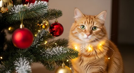 A ginger cat sits near a Christmas tree decorated with ornaments and lights, looking at the camera.