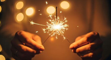 Two hands holding a lit sparkler against a blurred background of warm lights.