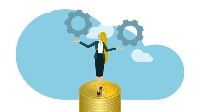 Person standing atop of ever growing stack of dollar gold coins, investment growth concept.