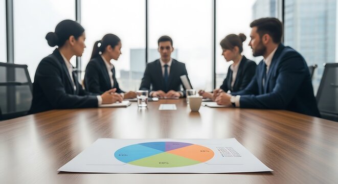 A business meeting in progress with a pie chart in the foreground, symbolizing data analysis and strategic planning