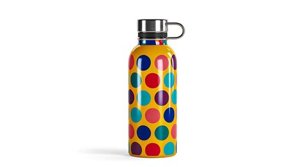 Colorful polka dot insulated metal bottle on white background
