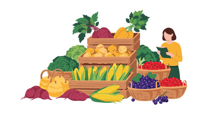 A woman checks the quality and inventory of a vibrant display of fresh, organic fruits, vegetables, and berries at a local farmer's market.