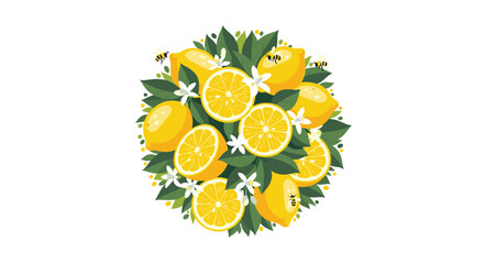 A vibrant circular arrangement of fresh, ripe lemons, both whole and sliced, nestled among green leaves and delicate white blossoms, with busy bees.