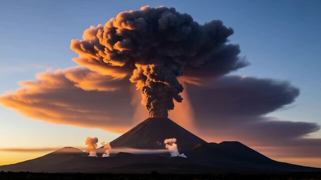 Volcano erupting at sunset with ash cloud and steam