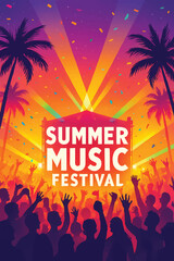 Vibrant festival poster featuring a warm sunset gradient, silhouetted crowd, and palm-framed stage. Energetic, festive mood with confetti and radiant rays behind bold festival text.
