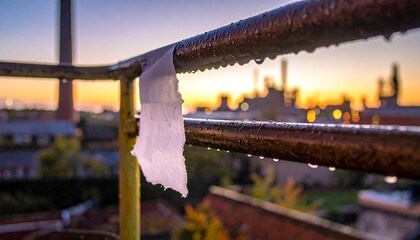 Piece of paper hanging on a wet metal pipe at sunset.