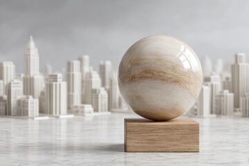Abstract marble sphere on wooden block with city background.
