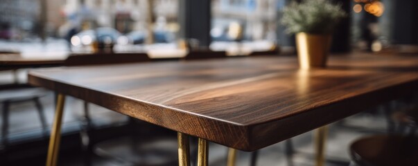 Elegant wooden table with golden legs in a blurred cafe setting.