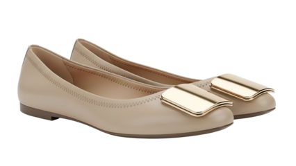 Pair of elegant beige flat shoes featuring polished gold hardware positioned against a solid black background