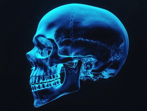 Glowing human skull profile on black