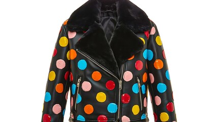 Colorful polka dot black leather jacket on white background
