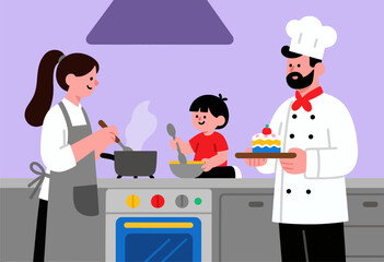 Family cooking together in kitchen, flat vector style