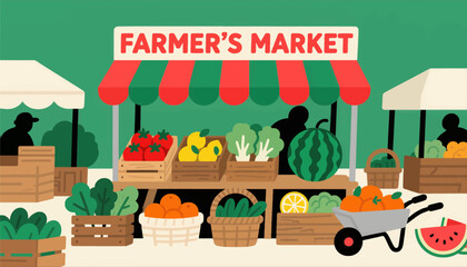 Fototapeta premium Farmer's market scene with fresh produce, flat colorful illustration.