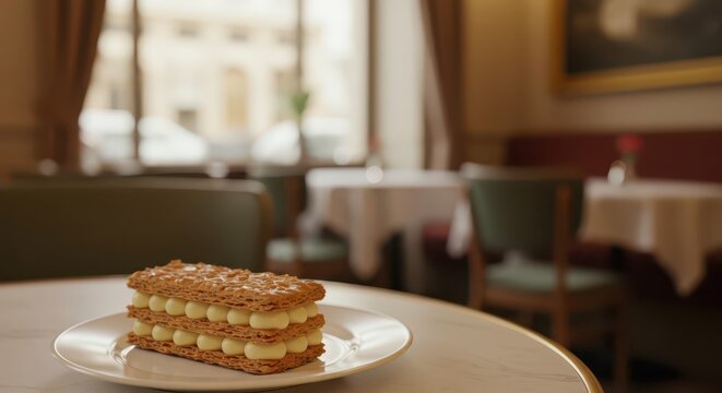 Delicate layered pastry rests on a marble table inside an elegantly decorated establishment