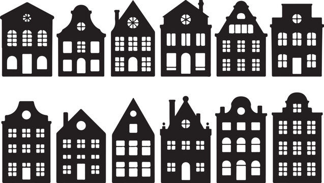Set of laser cut Amsterdam style houses. Silhouette of row typical dutch view at Netherlands. Stylized facades of old buildings. Wood carving vector template. Background for banner, card. Wood carving