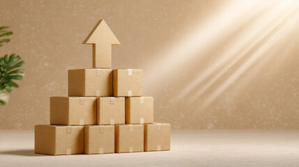 Stack of cardboard boxes arranged in pyramid with arrow shaped box on top illuminated by sunlight, symbolizing growth, progress, and success in business or logistics